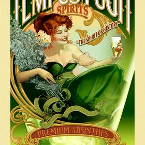 Op de afbeelding: Een vintage poster die reclame maakt voor "Tempus Fugit Spirits" absint. De poster toont een vrouw in een groene jurk die een bos groene kruiden vasthoudt. De tekst "The Spirit of History" staat op de poster.