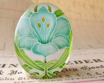 Blue daffodil flower, Art Nouveau ceramic tile image under glass, handmade 40x30mm oval cabochon, Belle Époque, green stem