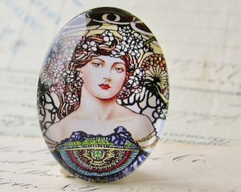 From 1898, Alphonse Mucha's Reverie / Daydream in stained glass, 40x30mm handmade oval cabochon