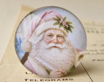 NEW! Victorian Father Christmas in pink hat, 25mm round glass cabochon, exclusive image, handmade in this shop, one inch, bottle cap size