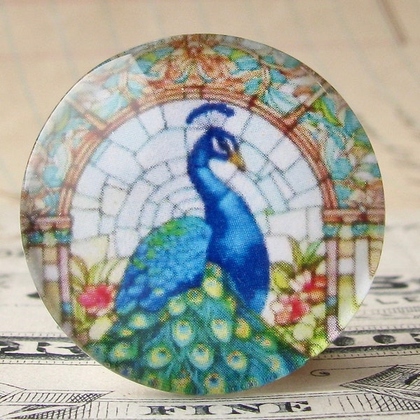 Colorful stained glass window peacock, 25mm round glass cabochon, male bird, handmade in this shop, one inch, bottle cap size
