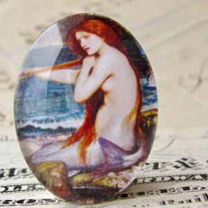From 1900 John William Waterhouse A Mermaid 40x30mm or 25x18mm glass oval cabochon, artisan crafted in this shop, fine art, Art History image 1