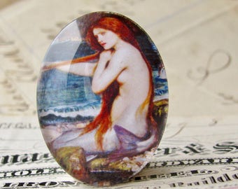 From 1900 John William Waterhouse "A Mermaid" 40x30mm or 25x18mm glass oval cabochon, artisan crafted in this shop, fine art, Art History