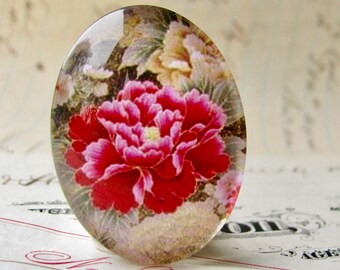 Magenta peony flower, handmade 40x30mm glass oval cabochon, pink floral