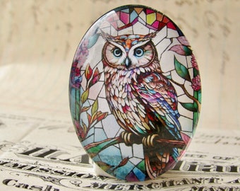 Stained glass eagle owl, 40x30mm or 25x18mm glass oval cabochon, brown green, wisdom bird, handmade in this shop, Beautiful Birds