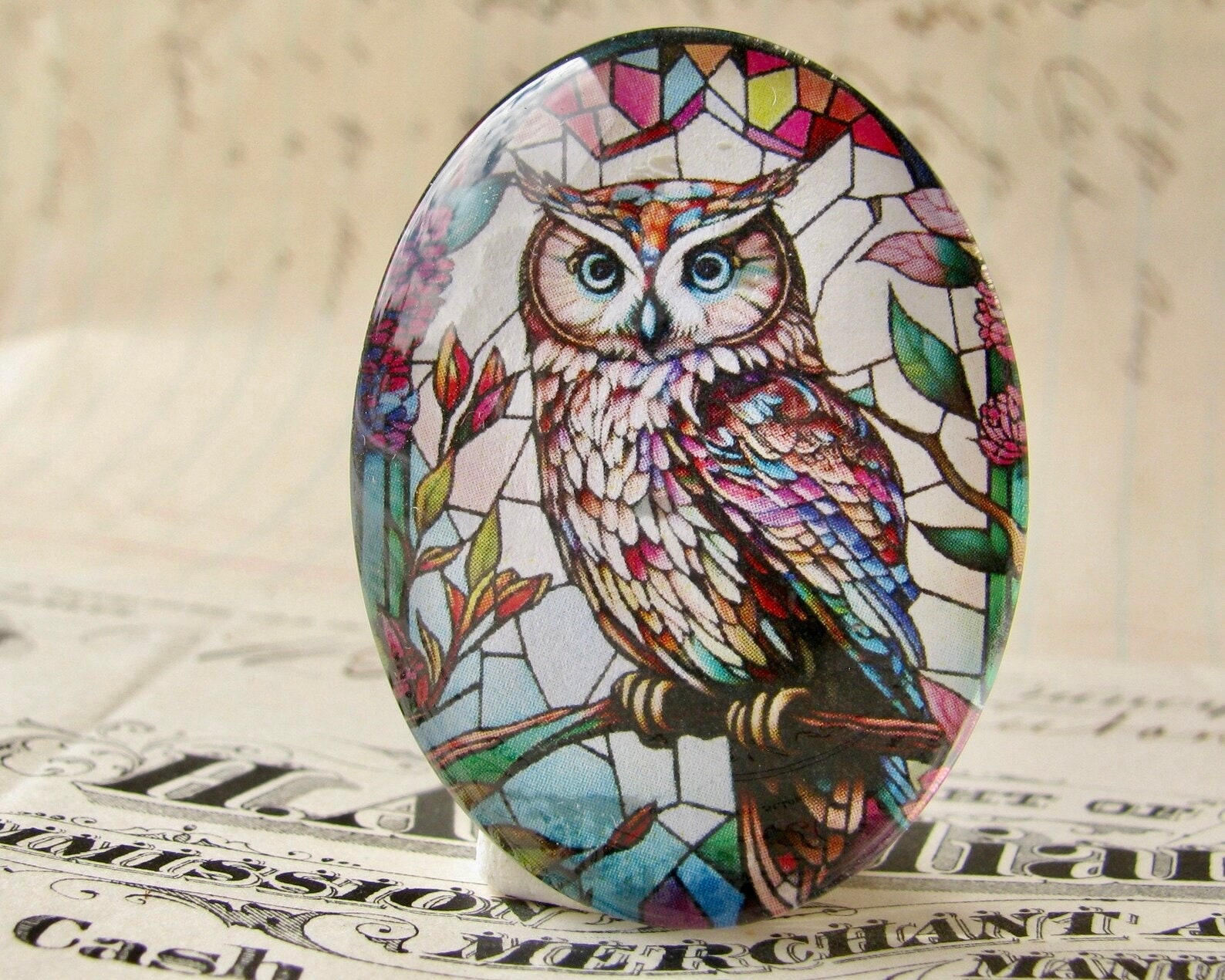 Stained glass eagle owl, 40x30mm or 25x18mm glass oval cabochon, brown green, wisdom bird, handmade
