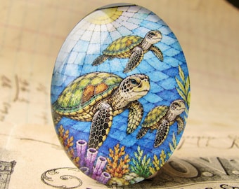 NEW! Sea turtles with colorful coral, stained glass window design, 40x30mm handmade glass oval cabochon