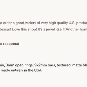 May include: A delicate bar chain made of matte black brass with an oxidized patina. The chain features 3mm open rings and 9x2mm bars. The product is labeled as 1 foot in length and is made in the USA, as shown in the provided product description text.