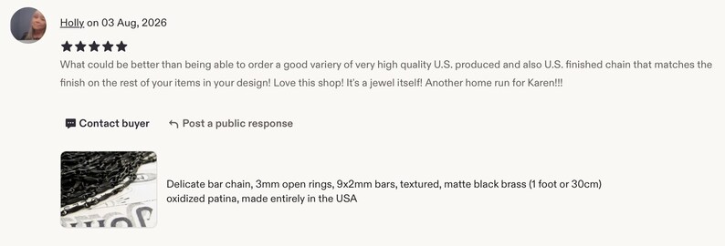 May include: A delicate bar chain made of matte black brass with an oxidized patina. The chain features 3mm open rings and 9x2mm bars. The product is labeled as 1 foot in length and is made in the USA, as shown in the provided product description text.