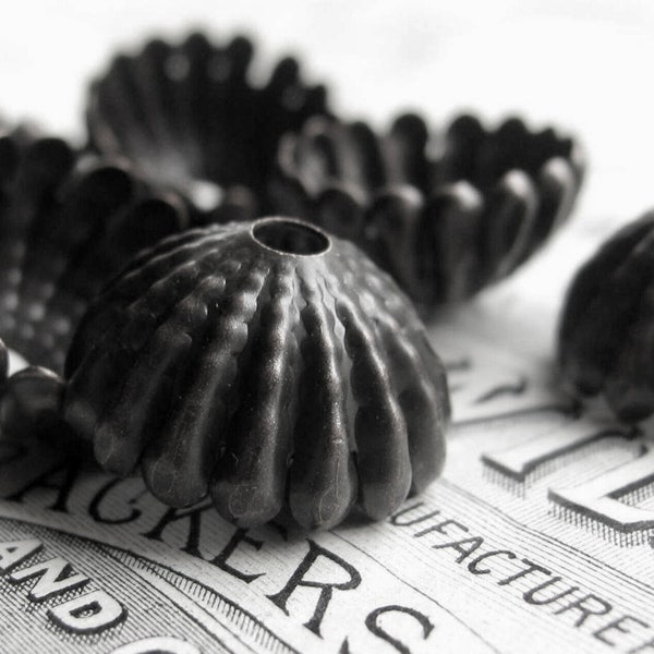 Large sea urchin 15mm domed beadcap (4 black bead caps) black antiqued brass, tassel top, ridged hemisphere, aged patina, oxidized