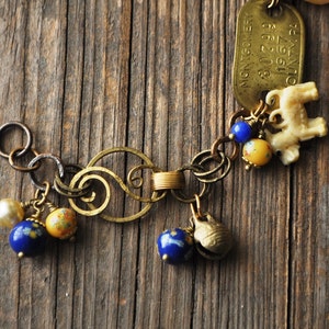 Vintage Cracker Jack Charm Dog Tag Charm Bracelet in Blue and Yellow Millefiori Vintage Assemblage image 3