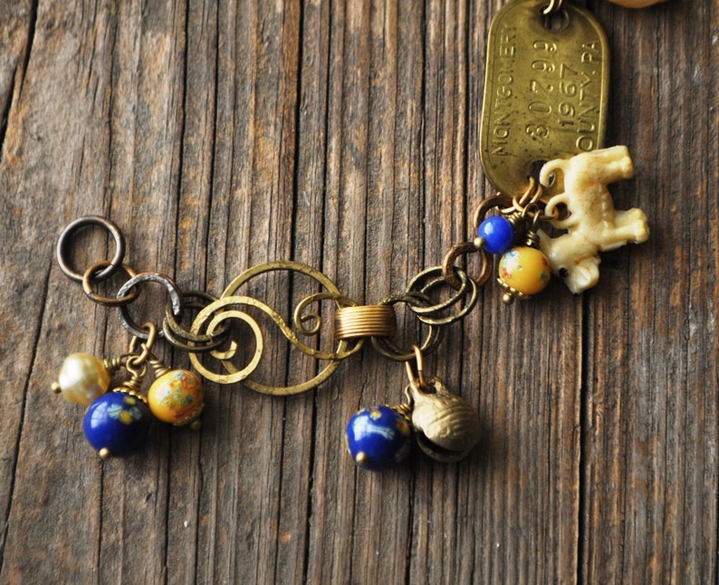 Vintage Cracker Jack Charm Dog Tag Charm Bracelet in Blue and Yellow Millefiori Vintage Assemblage image 3