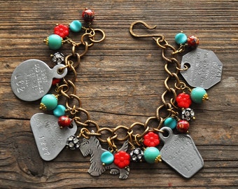 Vintage Scottie Westie Dog Tag Charm Bracelet in Silver, Red, Turquoise - Vintage Assemblage