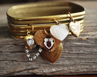 Brass Bangles of Love Heart Charm Bracelet - Vintage Assemblage