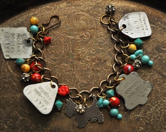 Vintage Scottie Dog Tag Charm Bracelet in Silver, Red, Turquoise, Yellow - Vintage Assemblage