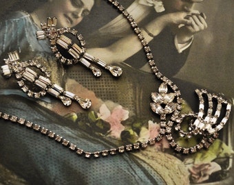 Vintage Rhinestone Necklace and Earrings Demi Parure Set