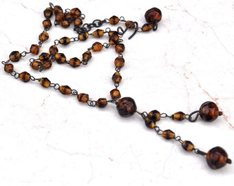 Vintage Tortoise Swirl Glass Rosary Chain Lariat Necklace