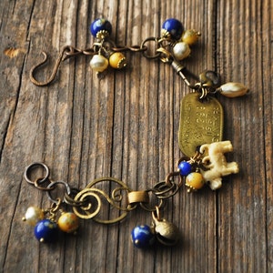 Vintage Cracker Jack Charm Dog Tag Charm Bracelet in Blue and Yellow Millefiori Vintage Assemblage image 4