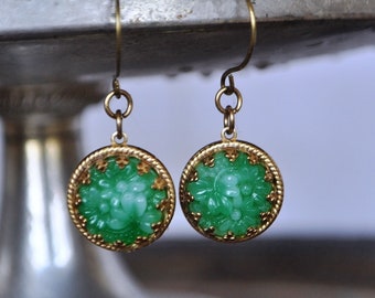 Vintage Jade Floral Pressed Glass Earrings