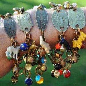 Vintage Cracker Jack Charm Dog Tag Charm Bracelet in Blue and Yellow Millefiori Vintage Assemblage image 5