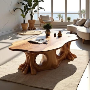 May include: A large, organically shaped wooden coffee table with a natural wood grain finish. The table has a unique base with rounded, tree-like supports and two circular openings. The table is approximately 183 cm long.