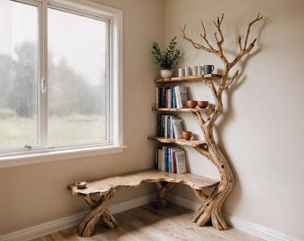 Driftwood Corner Bookshelf: Solid Wood Tree Branch Carving