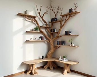 Floor bookcase corner floating wood shelves tree branch shelf on wall driftwood carving