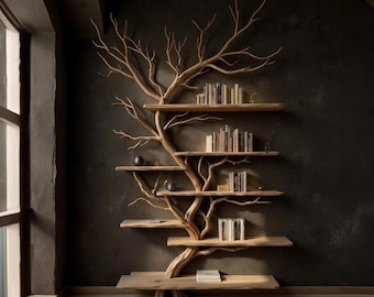 May include: A unique wooden bookshelf in the shape of a tree, with multiple shelves holding books. The tree-like structure is a light brown color, contrasting with the dark gray wall. The shelves are made of wood and are filled with books.