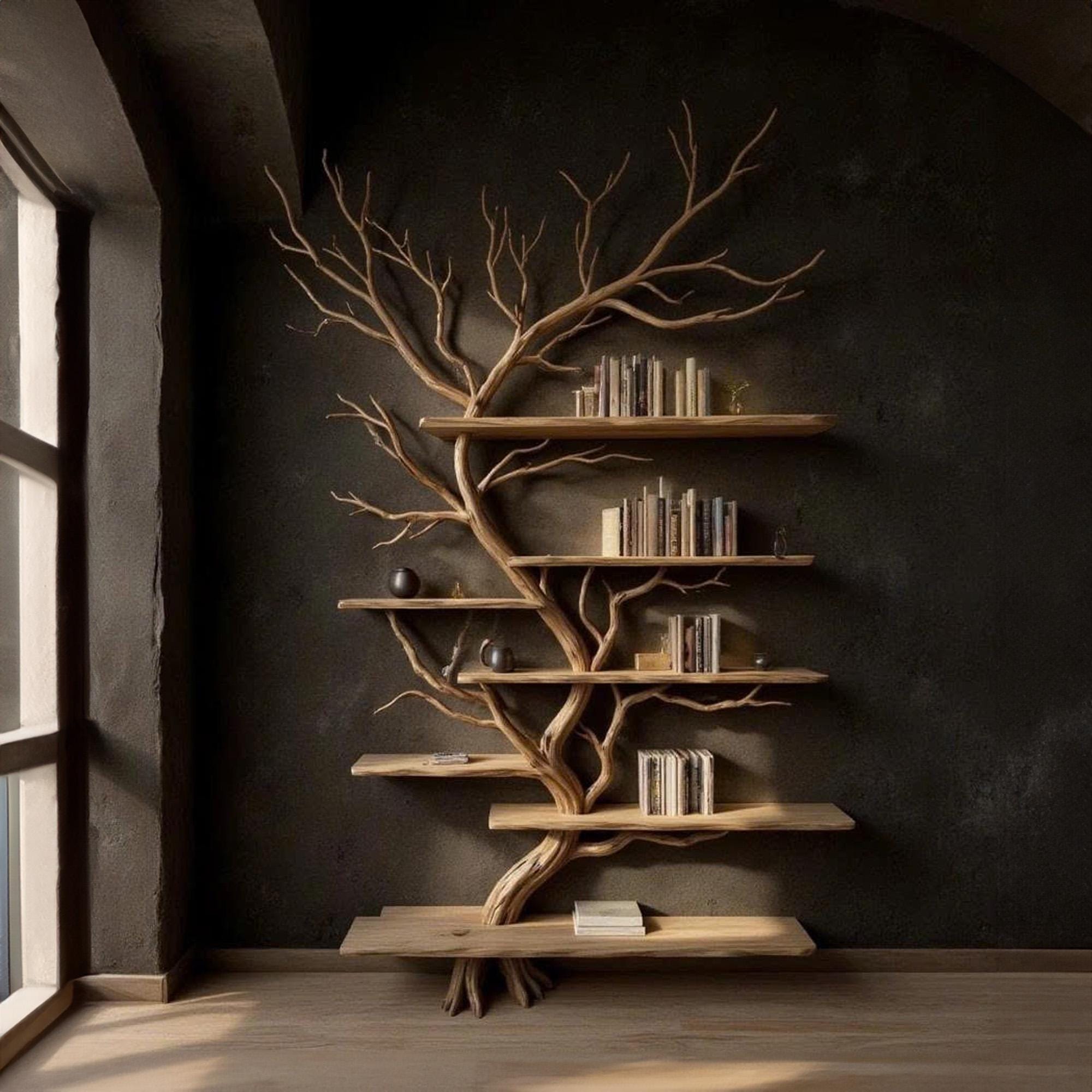 Driftwood Tree Branch Solid Wood Bookshelf Wall Mount Floating