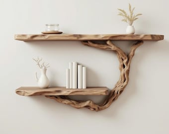 Driftwood shelf solidwood bookshelf art decor tree book shelves wall mount handmade furniture