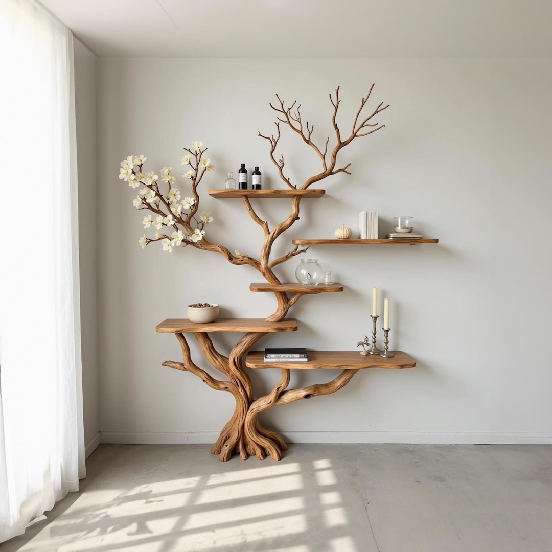 Tree Branch Bookshelf Solid Wood Console Table Wall Mount