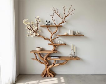 Tree branch bookshelf solid wood console table wall mount driftwood carving art decor