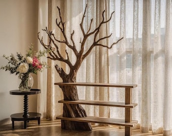 Tree branch bookcase solid wood free standing shelf live edge wood shelves art rustic bookshelf decoration