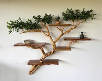 Tree branch bookshelf floating live edge shelf fake leaf wall mount tree shelf handcraft solid wood furniture