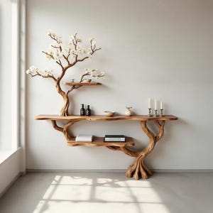 Könnte beinhalten: Einzigartige Holzkonsolentisch mit baumartigem Design. Der Tisch hat eine natürliche Holzoberfläche mit Regalen und einem dekorativen Ast, der sich nach oben erstreckt und mit weißen Blüten geschmückt ist. Der Tisch ist etwa 183 cm lang.