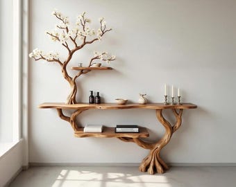 May include: A wall-mounted wooden console table featuring a base and upper section shaped like a tree trunk with branches. The structure includes multiple horizontal shelves, with a decorative branch extending upward adorned with white blossoms.