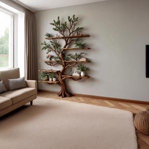 May include: A unique, wooden tree-shaped bookshelf mounted on a wall. The shelves are made of wood and hold small potted plants, books, and decorative items. The tree's branches are adorned with green foliage, creating a natural, artistic display in a living room setting.