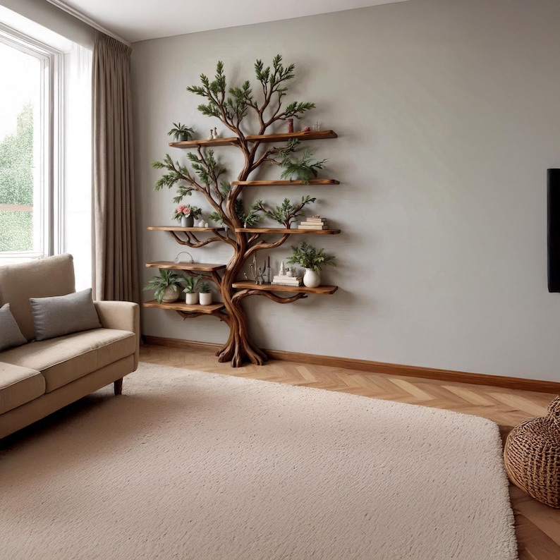 May include: A unique, wooden tree-shaped bookshelf mounted on a wall. The shelves are made of wood and hold small potted plants, books, and decorative items. The tree's branches are adorned with green foliage, creating a natural, artistic display in a living room setting.