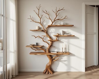 Tree branch bookshelf art decor driftwood shelf wall mounted solid wood bookcase