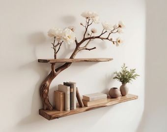 Natural driftwood branch bookshelf rustic tree book shelf art solid wood bookcase for entryway space decor