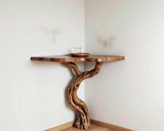 Consola de esquina de madera flotante con ramas de árbol natural, mesa rústica para entrada, estantería flotante, muebles hechos a mano