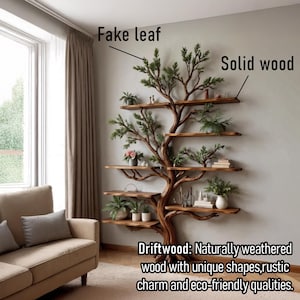 May include: A solid wood tree-shaped bookshelf with multiple shelves and faux leaves. The shelves are filled with plants and decorative items. The bookshelf is made of driftwood with unique shapes and rustic charm.