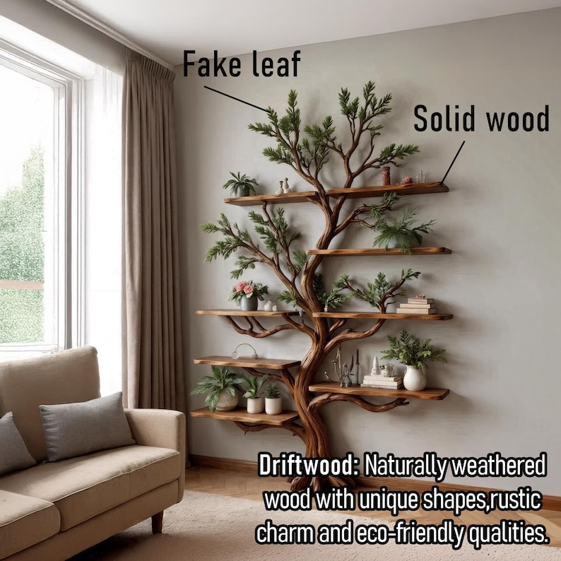 May include: A solid wood tree-shaped bookshelf with multiple shelves and faux leaves. The shelves are filled with plants and decorative items. The bookshelf is made of driftwood with unique shapes and rustic charm.