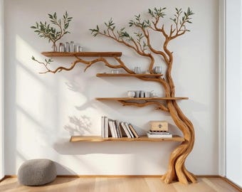 Puede incluir: Una estantería de madera única en forma de árbol, montada en una pared blanca. La estantería en forma de árbol tiene múltiples ramas que sirven como estantes, mostrando libros, objetos decorativos y pequeñas plantas. El suelo es de madera clara.