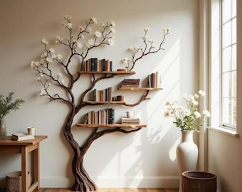 Tree bookshelf with natural driftwood branch wall mounted art solid wood bookcase handmade home decor gift