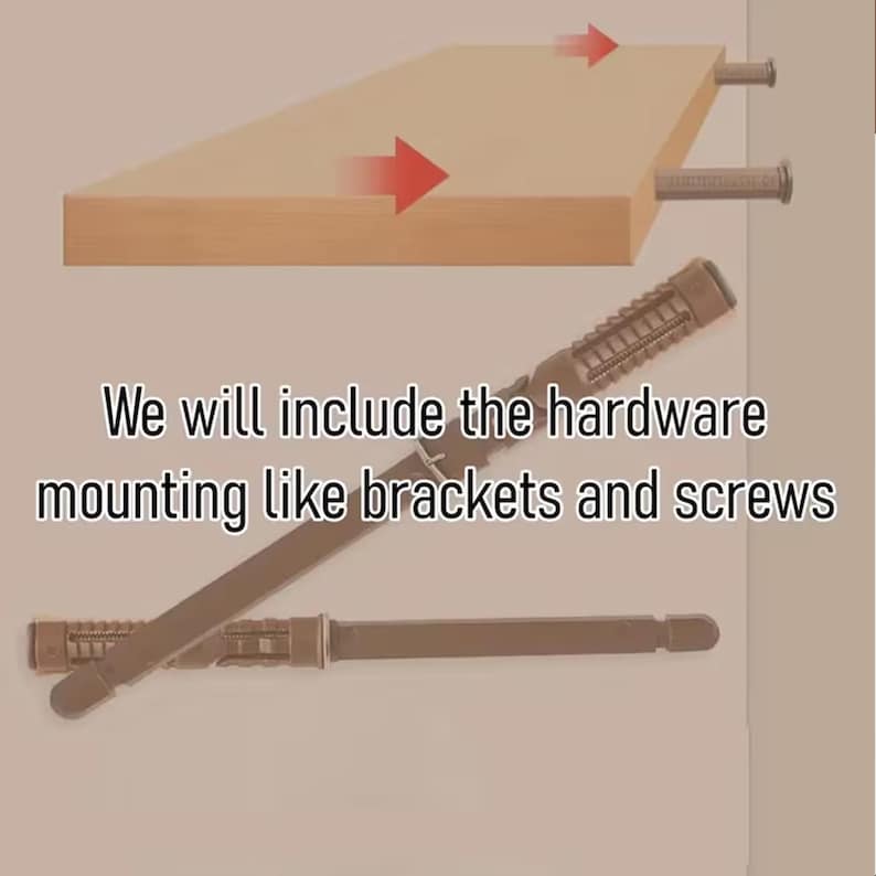 K&ouml;nnte beinhalten: Abbildung der Installation eines Holzregals mit mitgeliefertem Zubeh&ouml;r. Das Bild zeigt ein Regal, Schrauben und den Text: "Wir werden die Hardware wie Halterungen und Schrauben mitliefern."