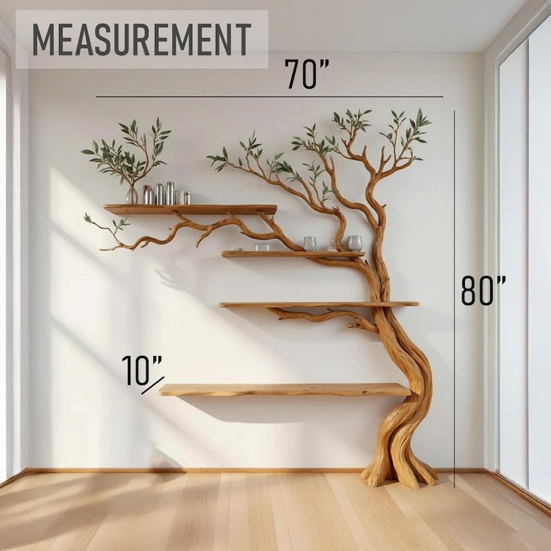 K&ouml;nnte beinhalten: Ein h&ouml;lzernes, baumf&ouml;rmiges Regal mit drei Regalb&ouml;den und &Auml;sten, die sich &uuml;ber die Wand erstrecken. Das Regal ist 178 cm breit und 203 cm hoch, mit 25 cm tiefen Regalb&ouml;den. Die Regalb&ouml;den sind aus hellem Holz gefertigt, und der Baumstamm hat eine nat&uuml;rliche Holzfarbe.