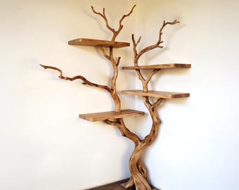 Corner tree floating bookshelf driftwood branch live edge corner tree shelf art wall mount rustic decor living room