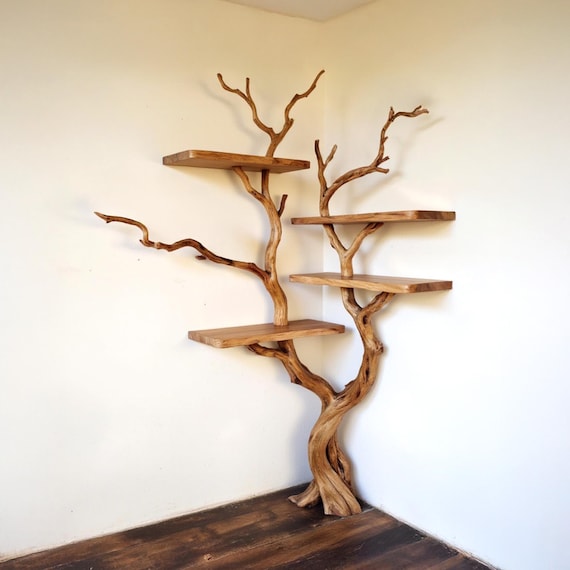 Eckbaum schwebendes Bücherregal Treibholz Ast lebendige Ecke Eckbaum Regal Kunst Wandbefestigung rustikale Deko Wohnzimmer