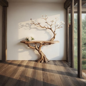 Puede incluir: Una mesa consola de madera con forma de rama de &aacute;rbol con flores blancas en un jarr&oacute;n en la parte superior. La mesa est&aacute; en una habitaci&oacute;n con una pared blanca y suelo de madera.